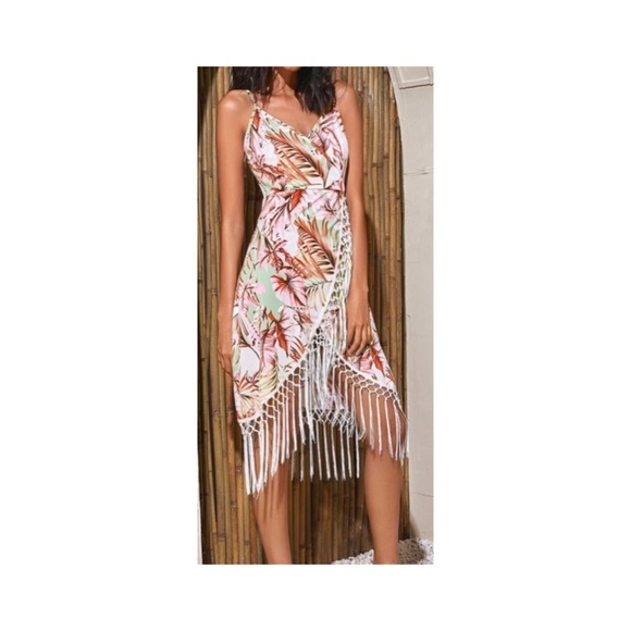 Tropical Print Fringe Trim Cami Dress - Picture 1 of 3